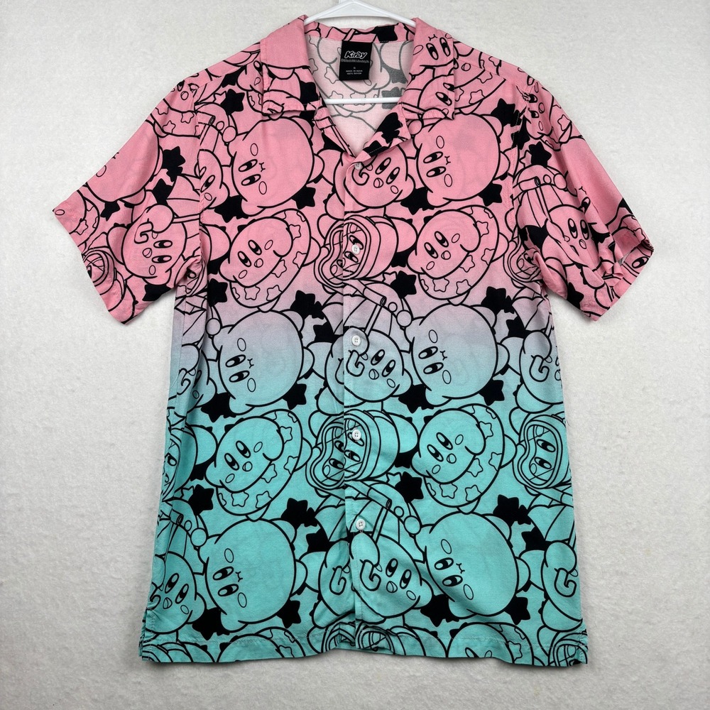 Kirby Mens Button Down Shirt S Short Sleeve Ombre Kirby Print‎ Streetwear